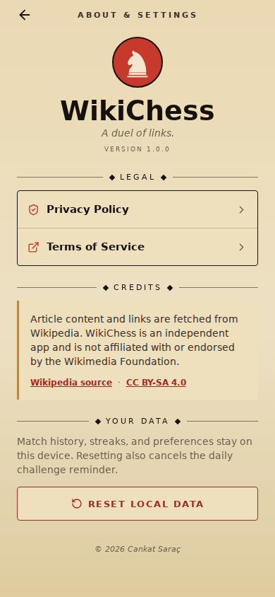 WikiChess about and settings screen